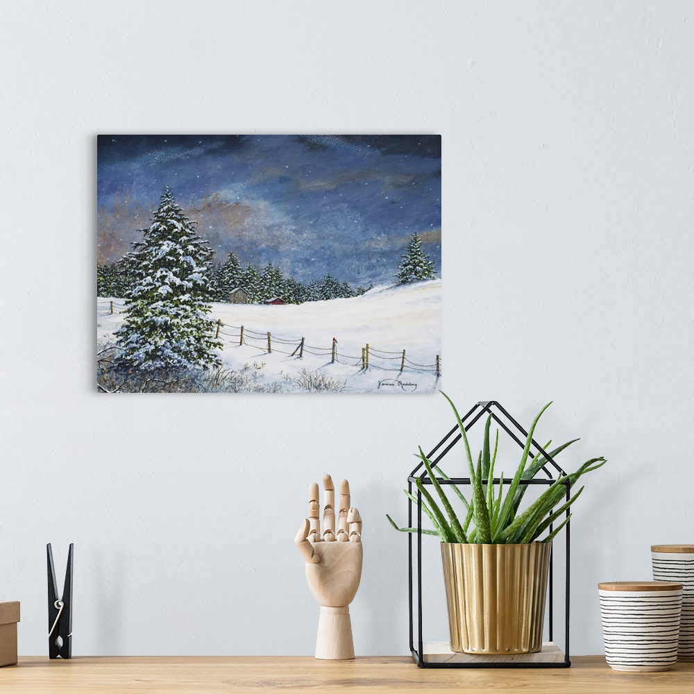 A bohemian room featuring A contemporary painting of a snowy landscape with a house and a red barn in the distance.