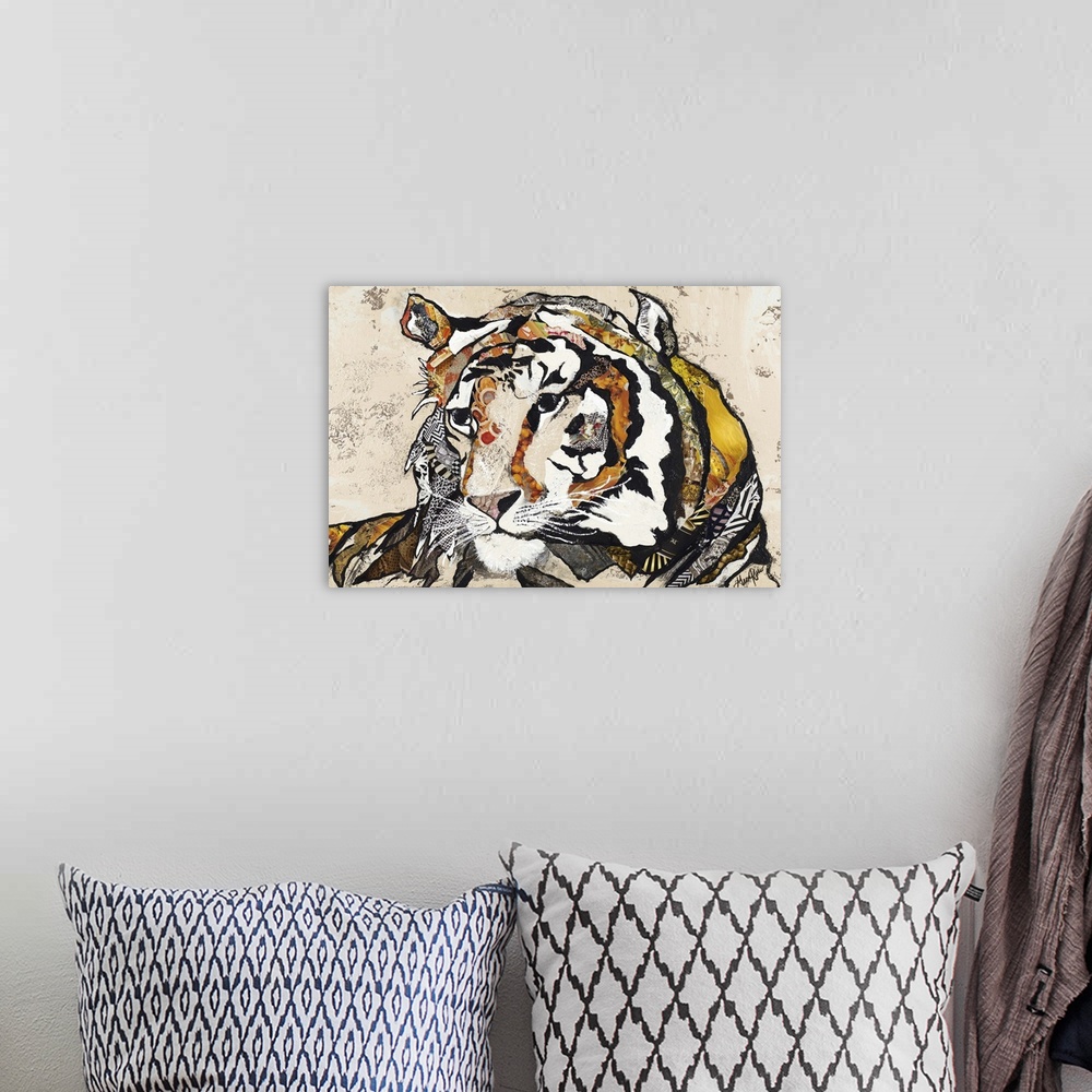 A bohemian room featuring Painting of a majestic tiger with patterned elements in his stripes.