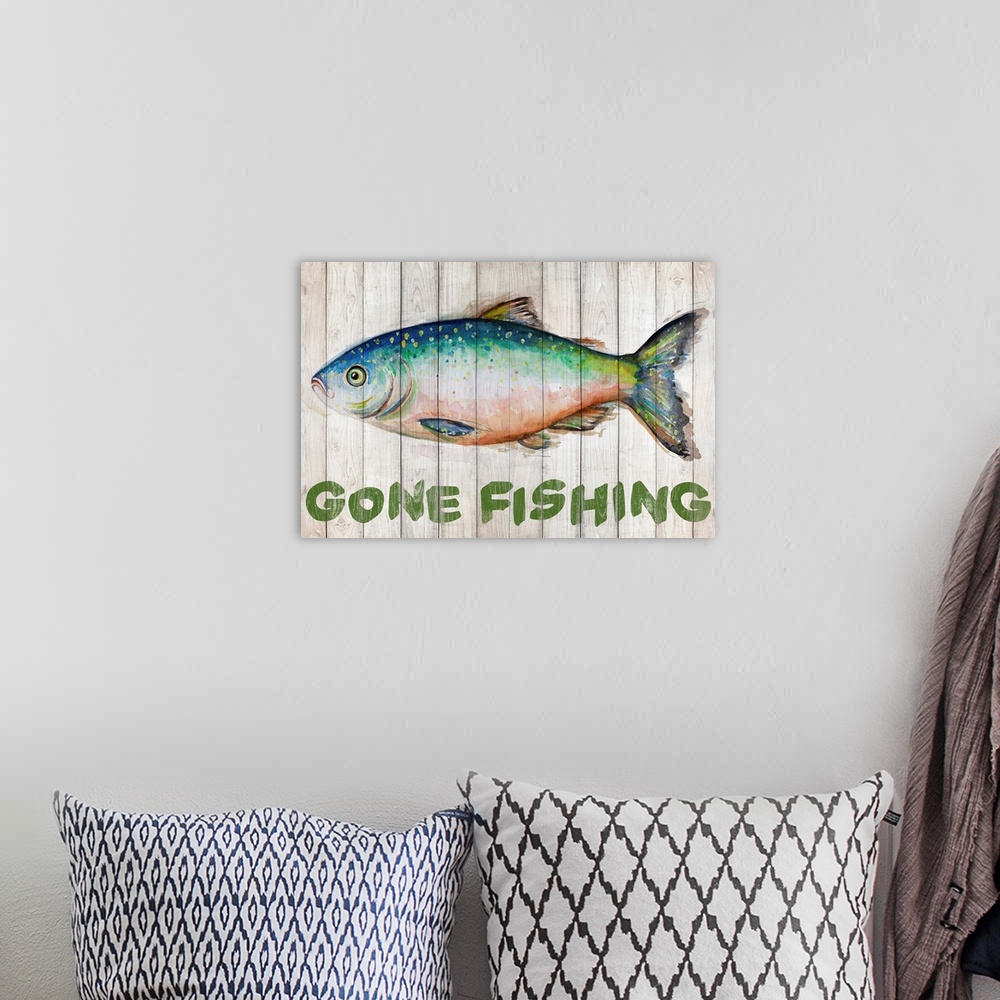 Watercolor Fish On Wood I | Large Metal Wall Art Print | Great Big Canvas