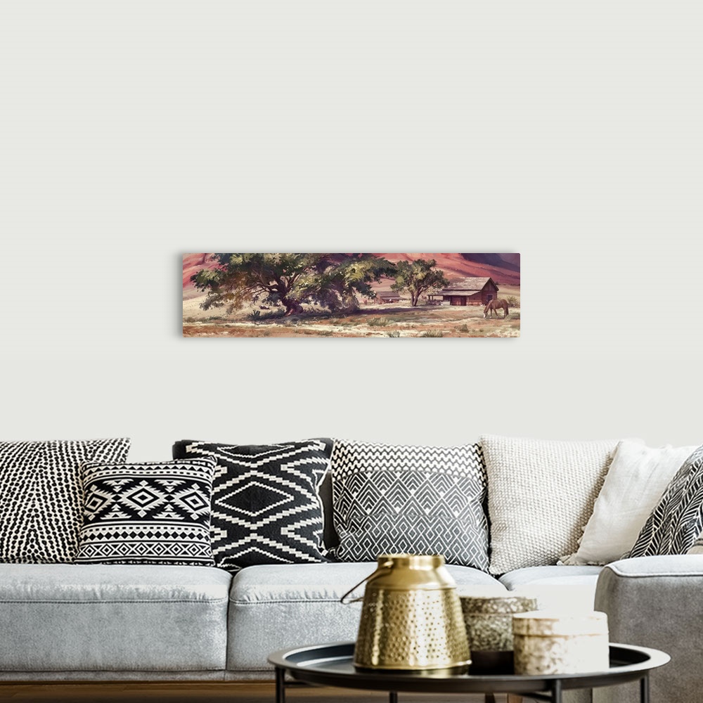 A bohemian room featuring Painting of farms in southwest desert.