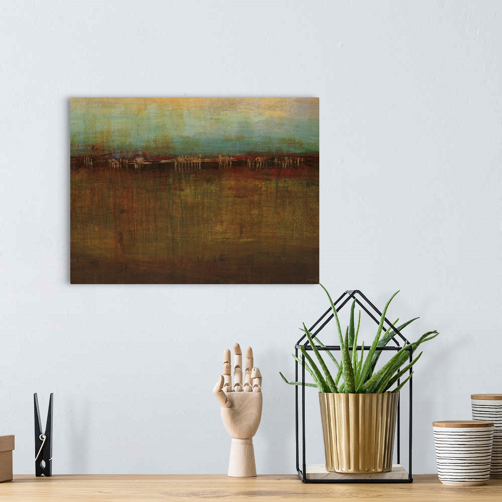 A bohemian room featuring Contemporary abstract painting of two horizontal bands of color separated by a scratched horizont...