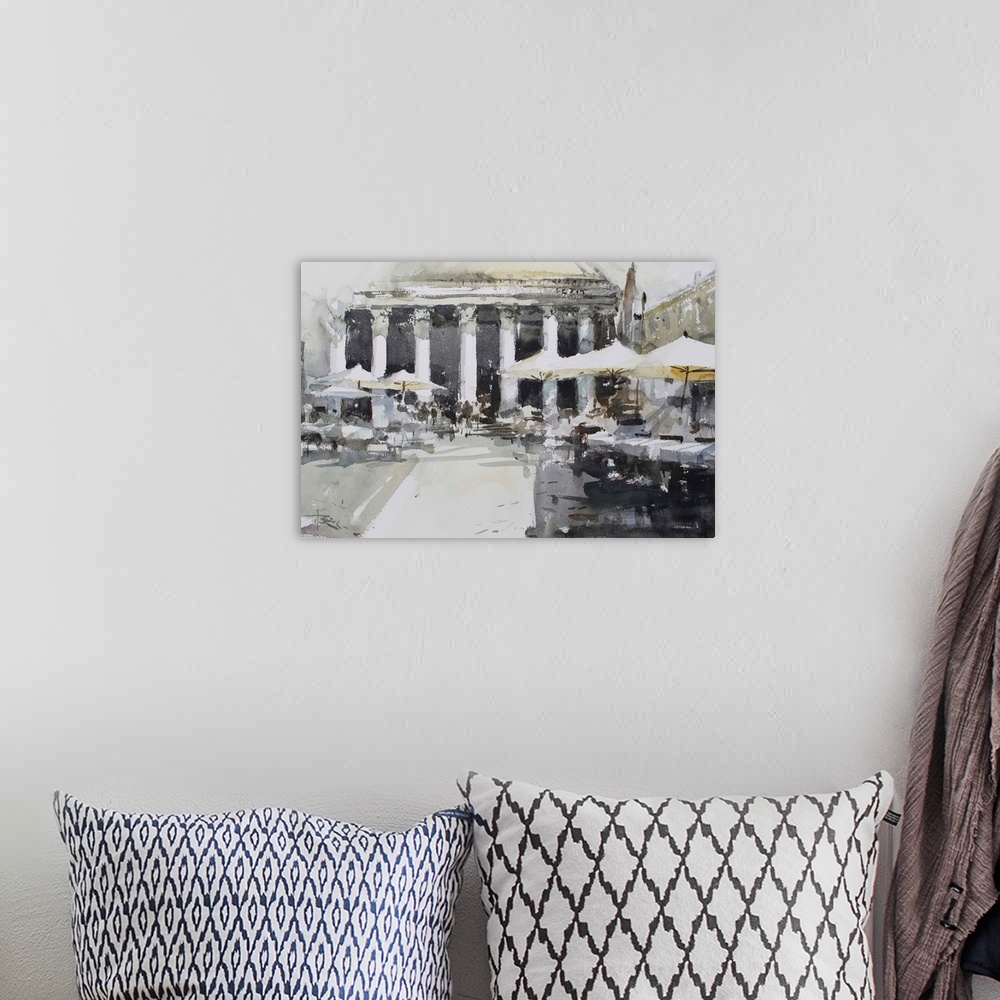 A bohemian room featuring This contemporary artwork is a quick watercolor sketch of a street scene in front of Pantheon.