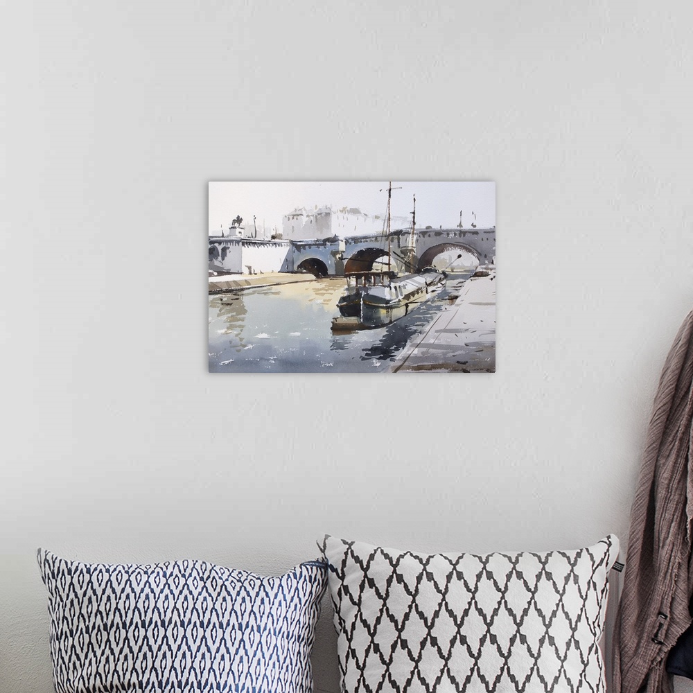 A bohemian room featuring This contemporary artwork uses dry watercolor brush strokes in muted colors to illustrate a barge...