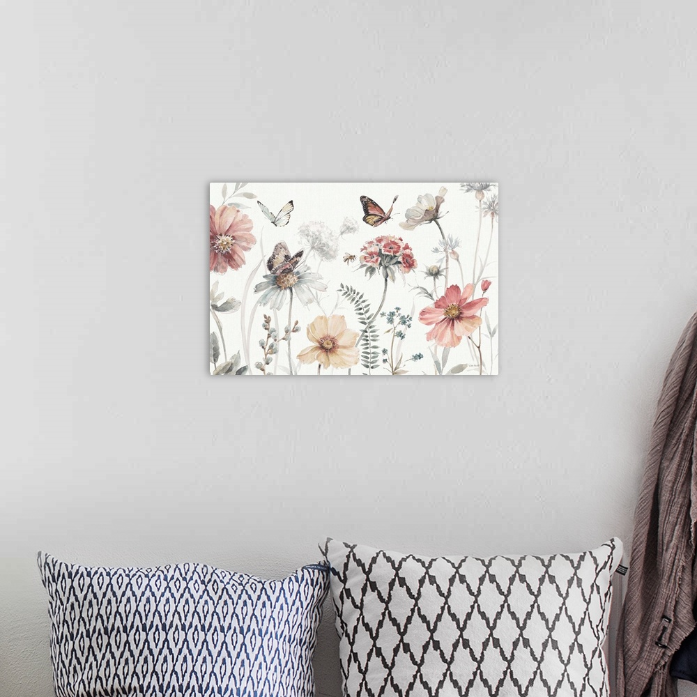 A bohemian room featuring Contemporary country artwork of wildflowers with fluttering butterfly over a white background.