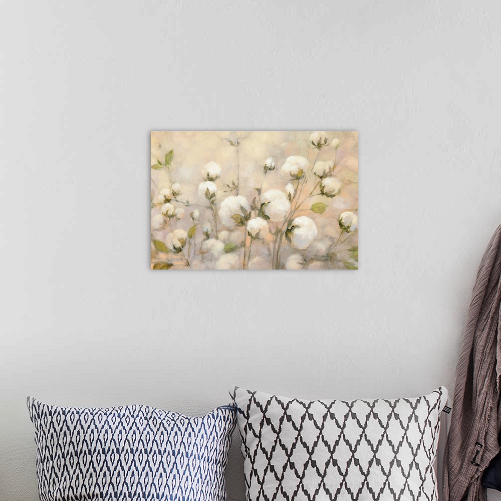 A bohemian room featuring Large contemporary painting of wild cotton with a warm background.