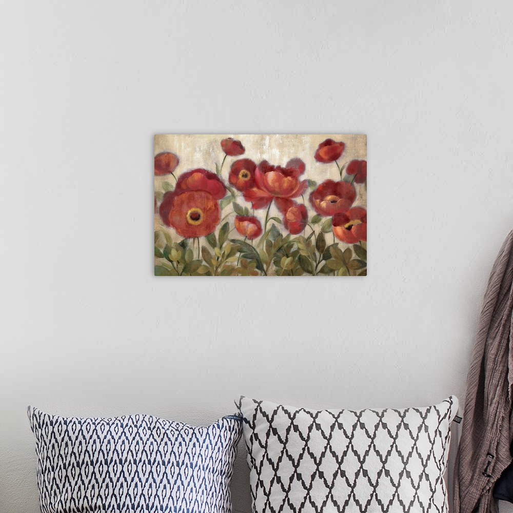 A bohemian room featuring Soft, dreamy contemporary painting of a group of round poppies in a garden with short leaves, on ...