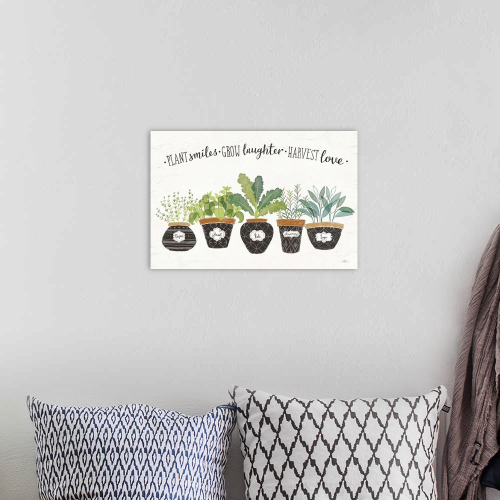 A bohemian room featuring "Plant Smiles, Grow Laughter, Harvest Love" written in black above illustrations of five potted h...