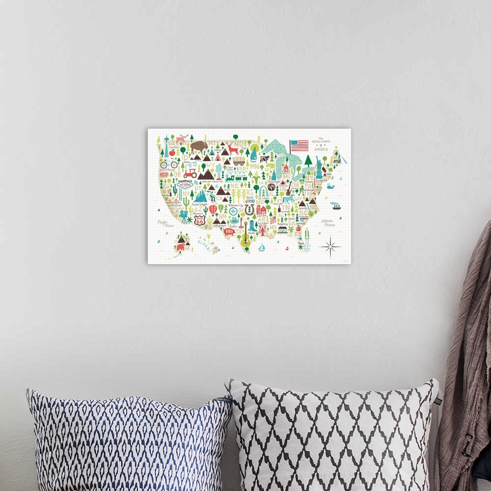 A bohemian room featuring Contemporary illustration of an art map of USA.