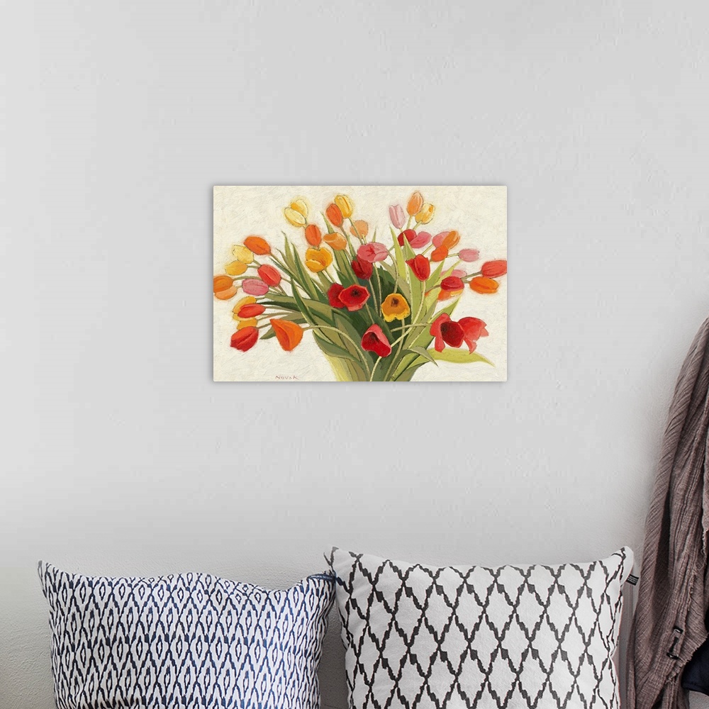 A bohemian room featuring Painting of colorful floral bouquet.