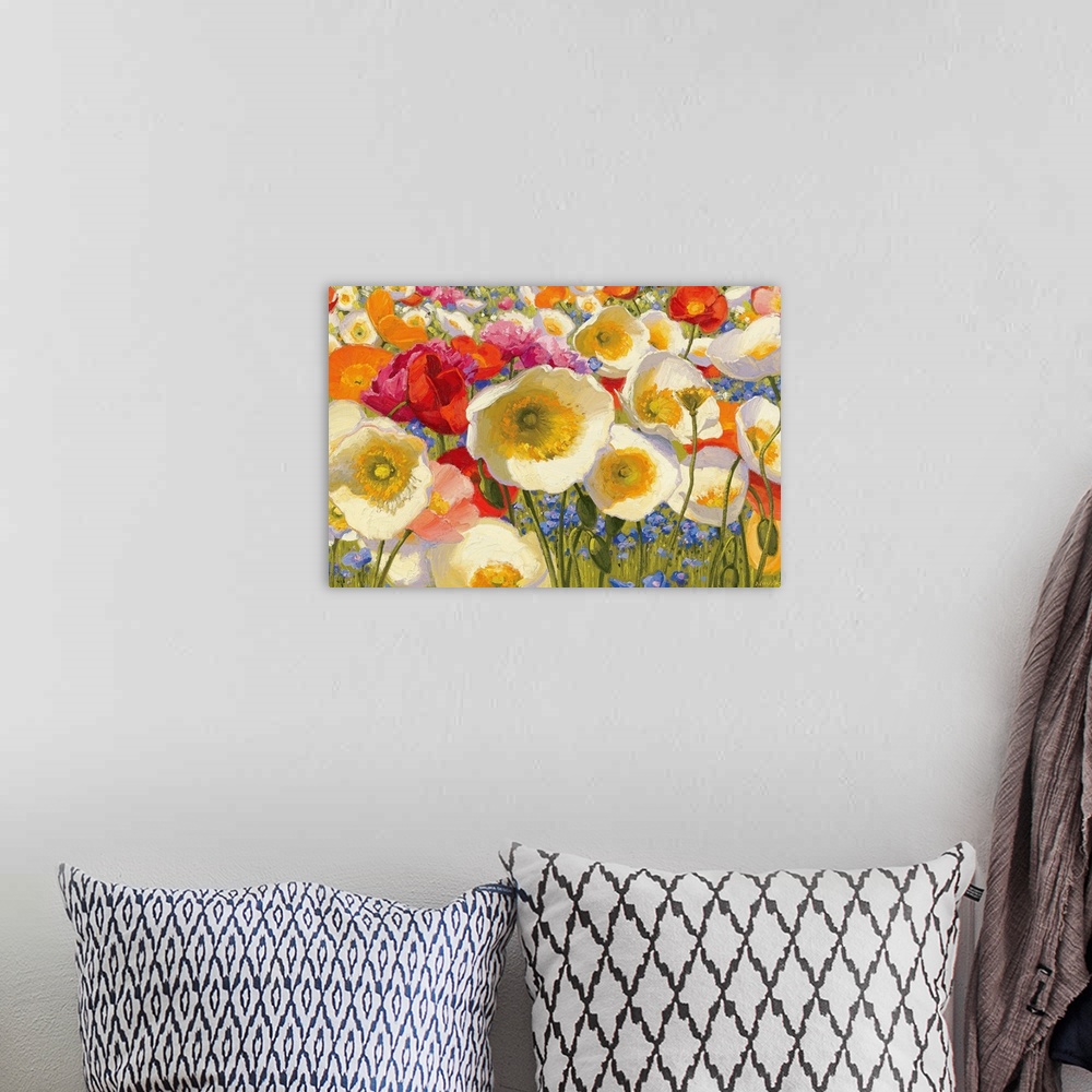 A bohemian room featuring Close up nature painting of different floral plants and poppies. Horizontal wall art for the livi...