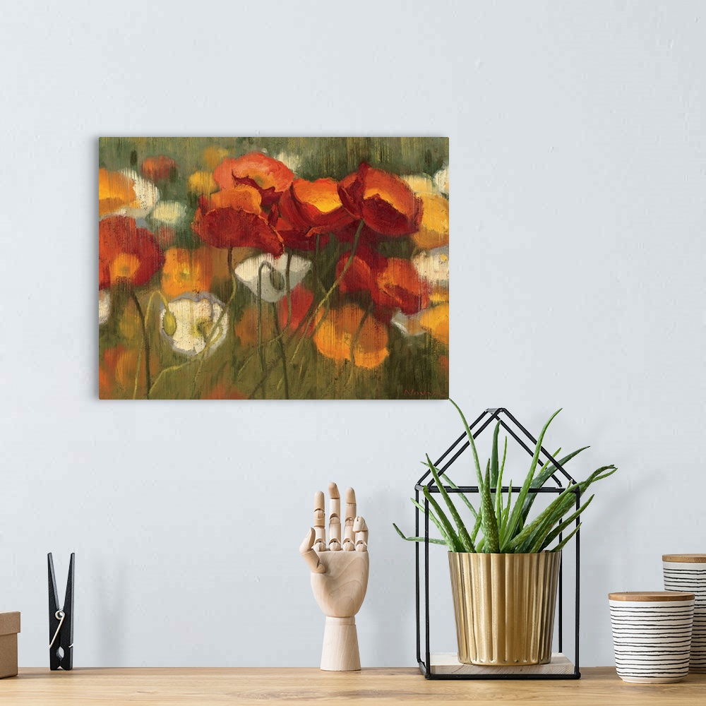 A bohemian room featuring Huge contemporary floral art shows a lineup of flowers and buds with lots of warm and earthy tone...