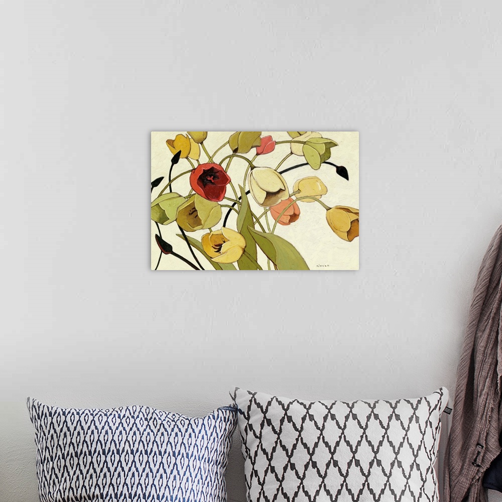 A bohemian room featuring Contemporary painting of flower blooming surrounded by their leaves and other flower buds.