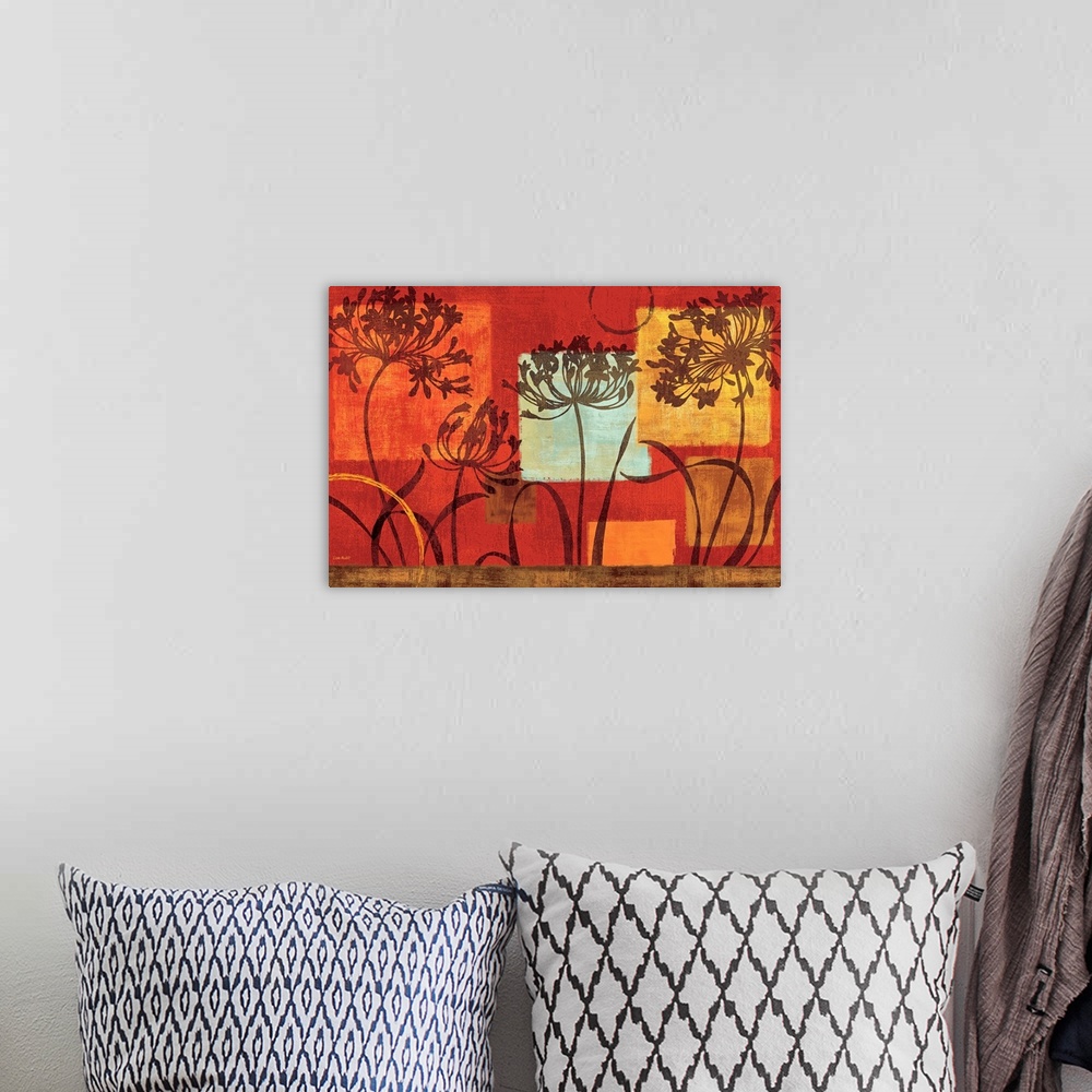 A bohemian room featuring Giant, horizontal home art docor.  Four dark flowers in front of squares of various sizes and col...