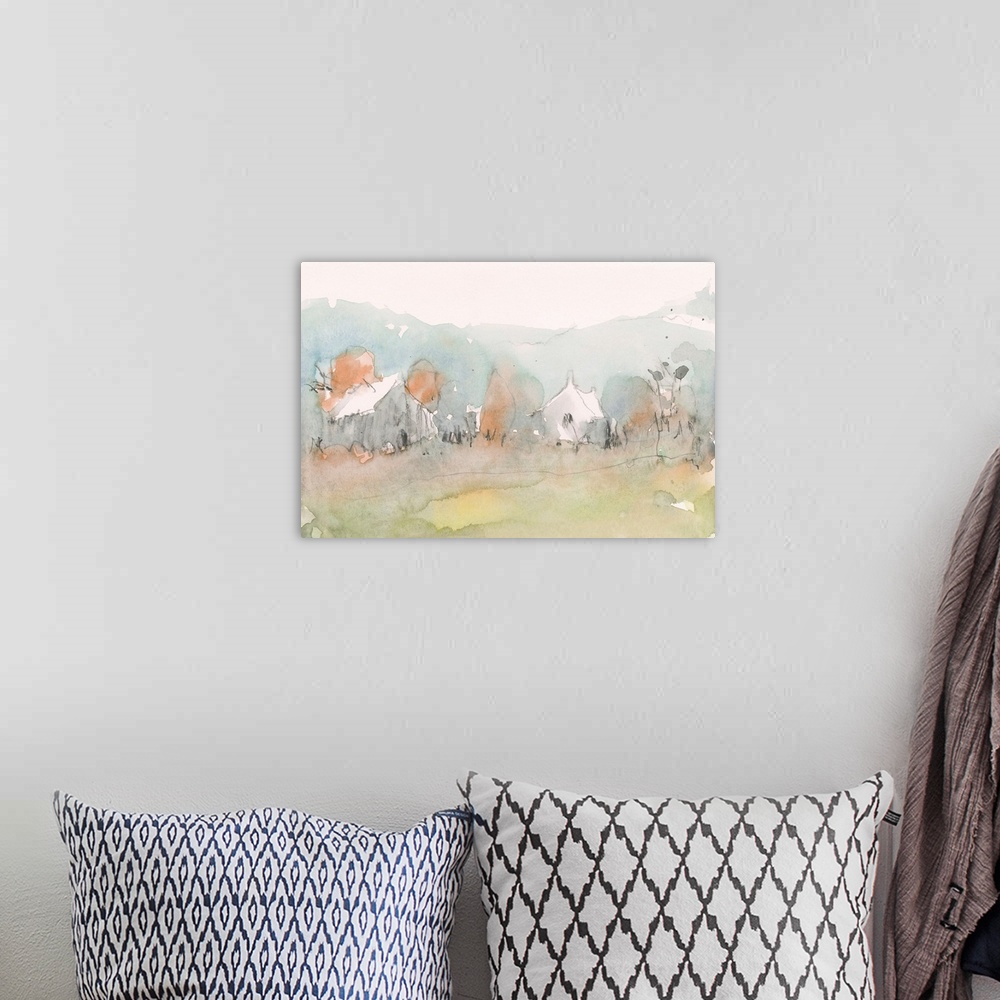 A bohemian room featuring An abstracted watercolor painting of farm buildings with trees and foliage in the foreground