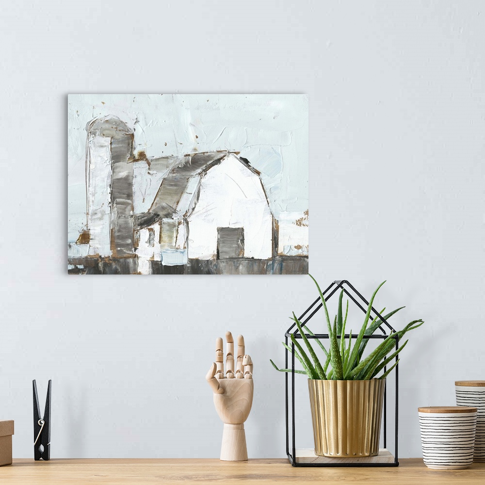 A bohemian room featuring Painting of a white barn and silo with pale blue and grey.