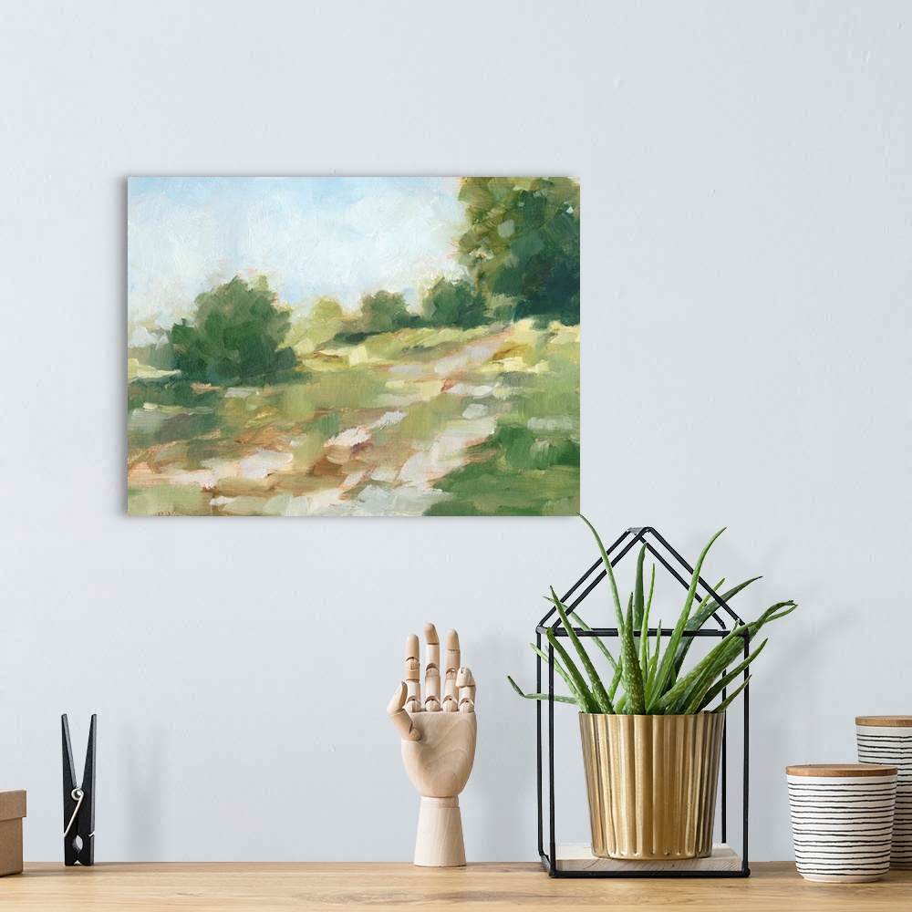 A bohemian room featuring Contemporary abstract painting of a path flowing through a green landscape.