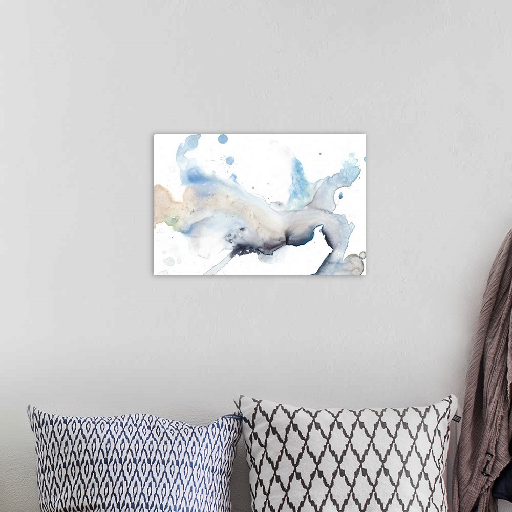 A bohemian room featuring Abstract watercolor painting of flowing pale blue and grey color.