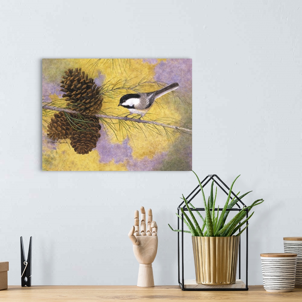 A bohemian room featuring Illustration of a chickadee perched on a branch with pinecones.