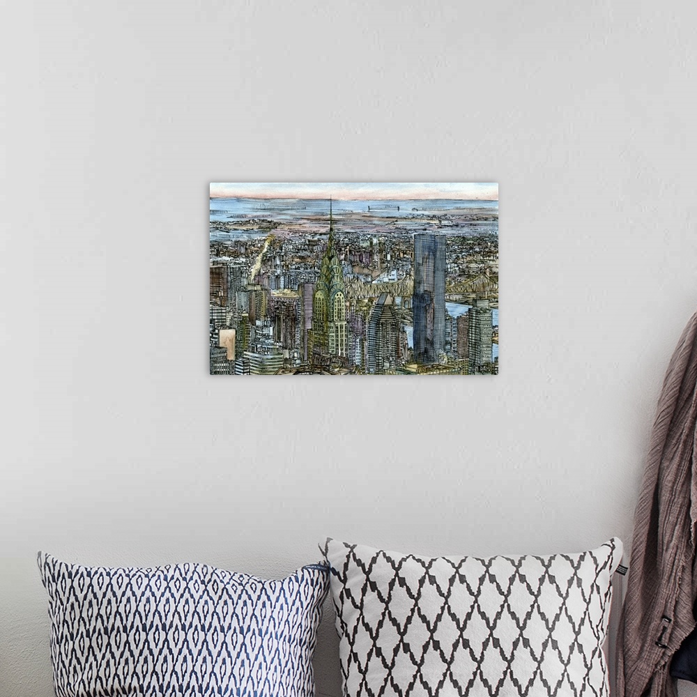 A bohemian room featuring Contemporary drawing with filled in color of an aerial view of part of New York City with the Chr...