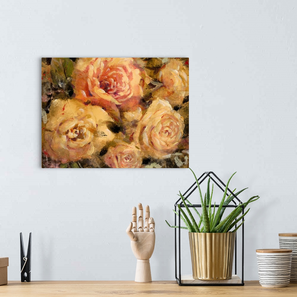 A bohemian room featuring Contemporary artwork of of roses in bloom, in vintage shades of pink and yellow.