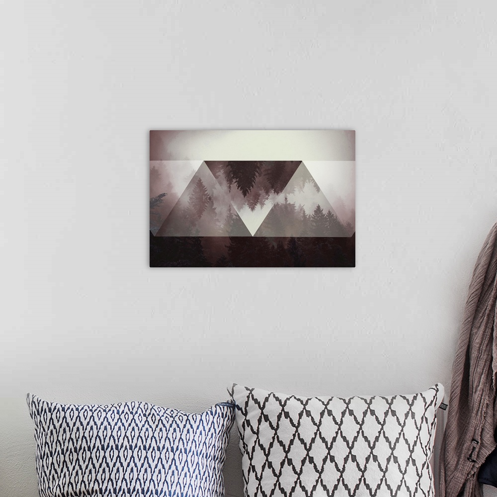 A bohemian room featuring Photo of a misty pine forest with abstract triangular shapes manipulating the image.