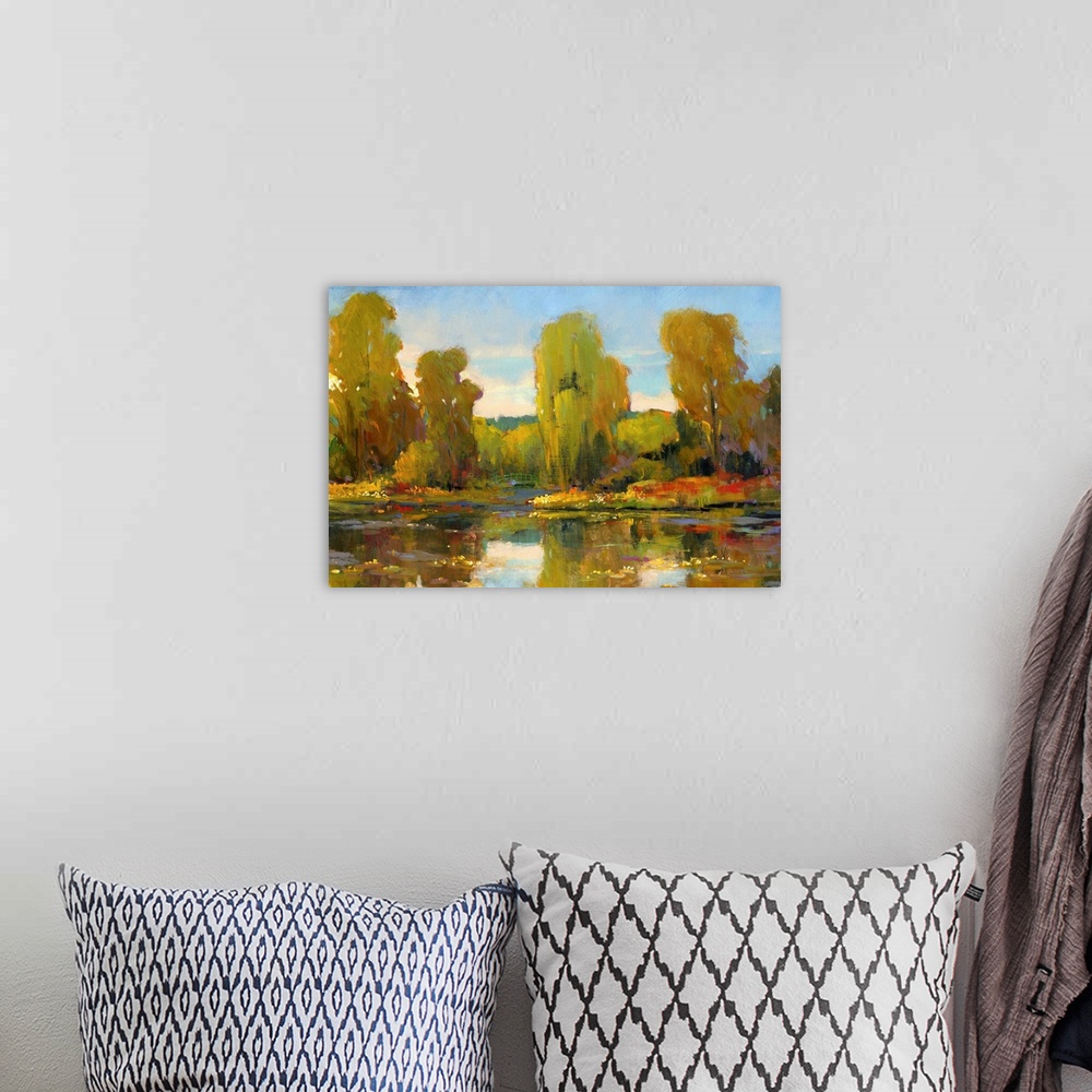A bohemian room featuring Monet's Water Lily Pond I