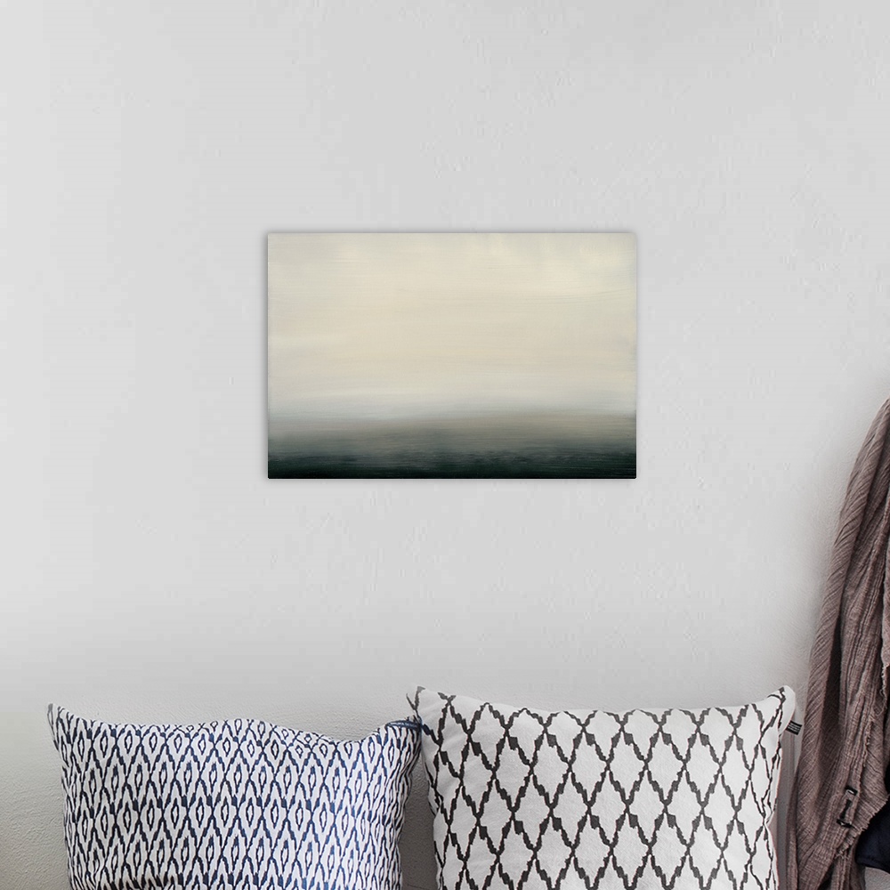 A bohemian room featuring Abstract seascape painting with dark water under a pale sky.