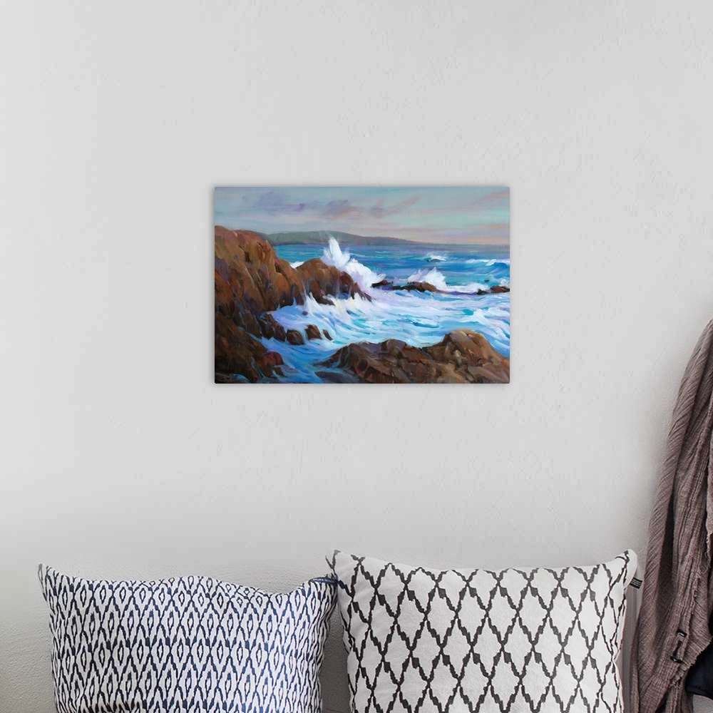 A bohemian room featuring Contemporary seascape painting of waves crashing against a rocky coastline.