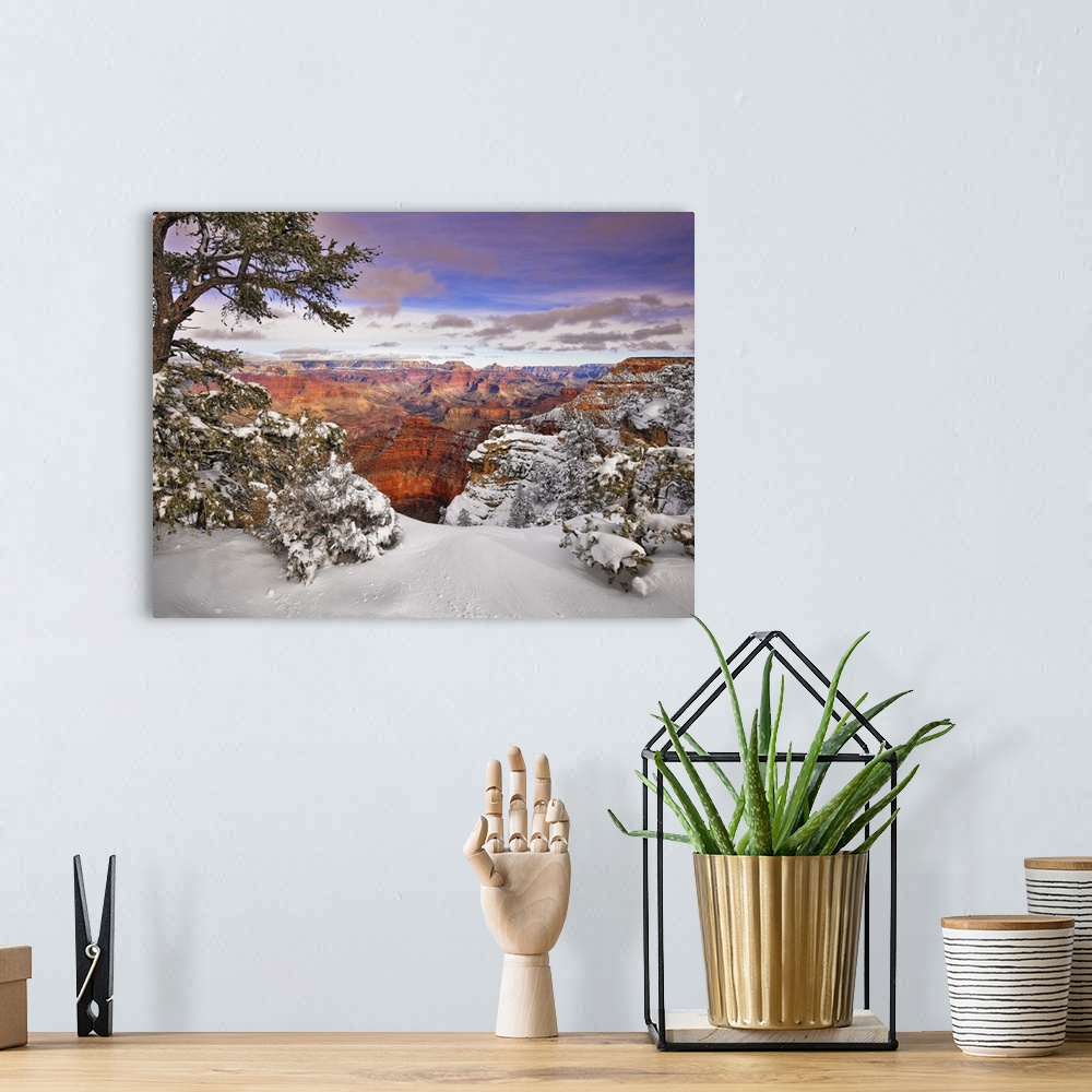 A bohemian room featuring View of the Grand Canyon in Arizona under a blanket of fresh snow.