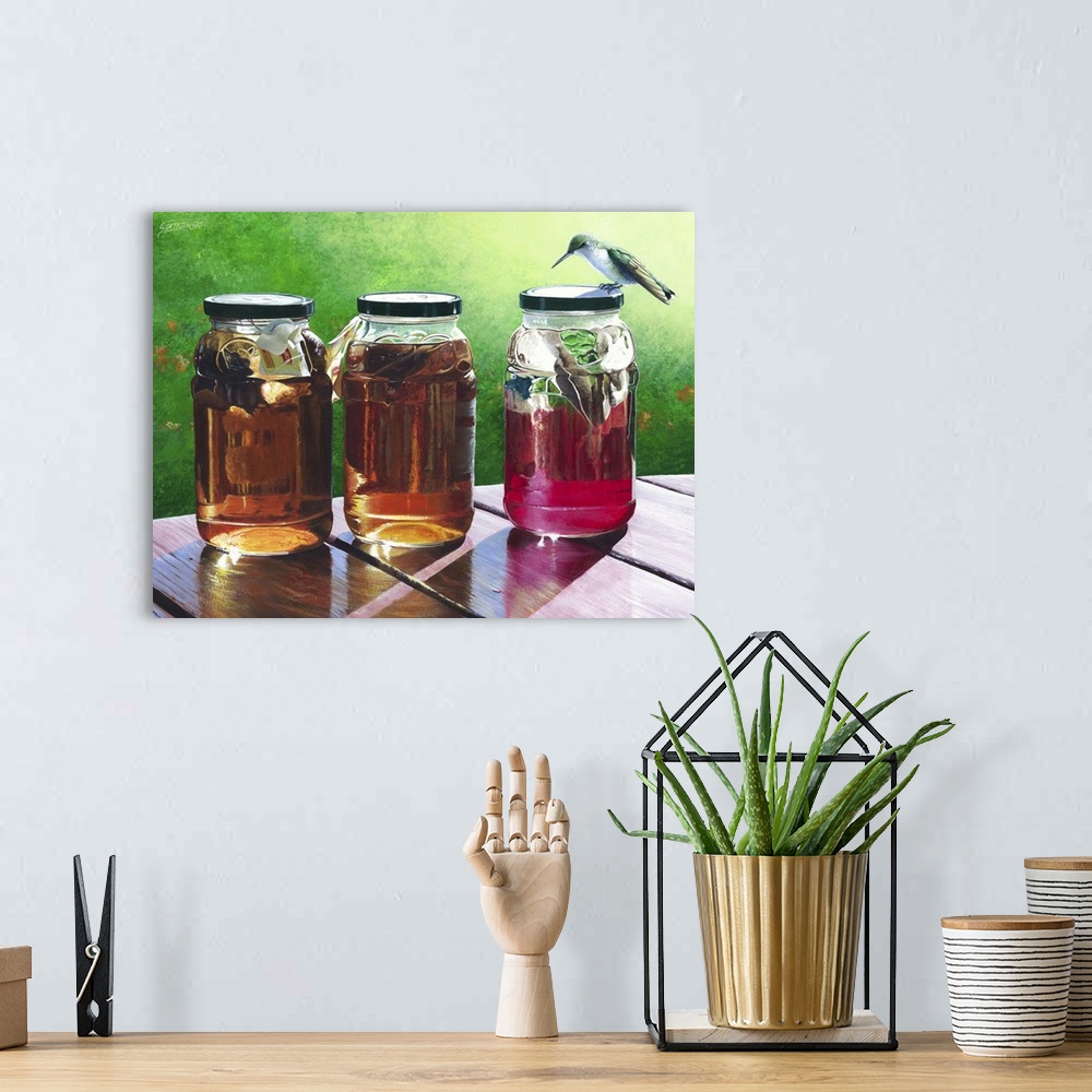 A bohemian room featuring Contemporary wildlife painting of a humming bird investigating three jars of fresh, homemade tea.