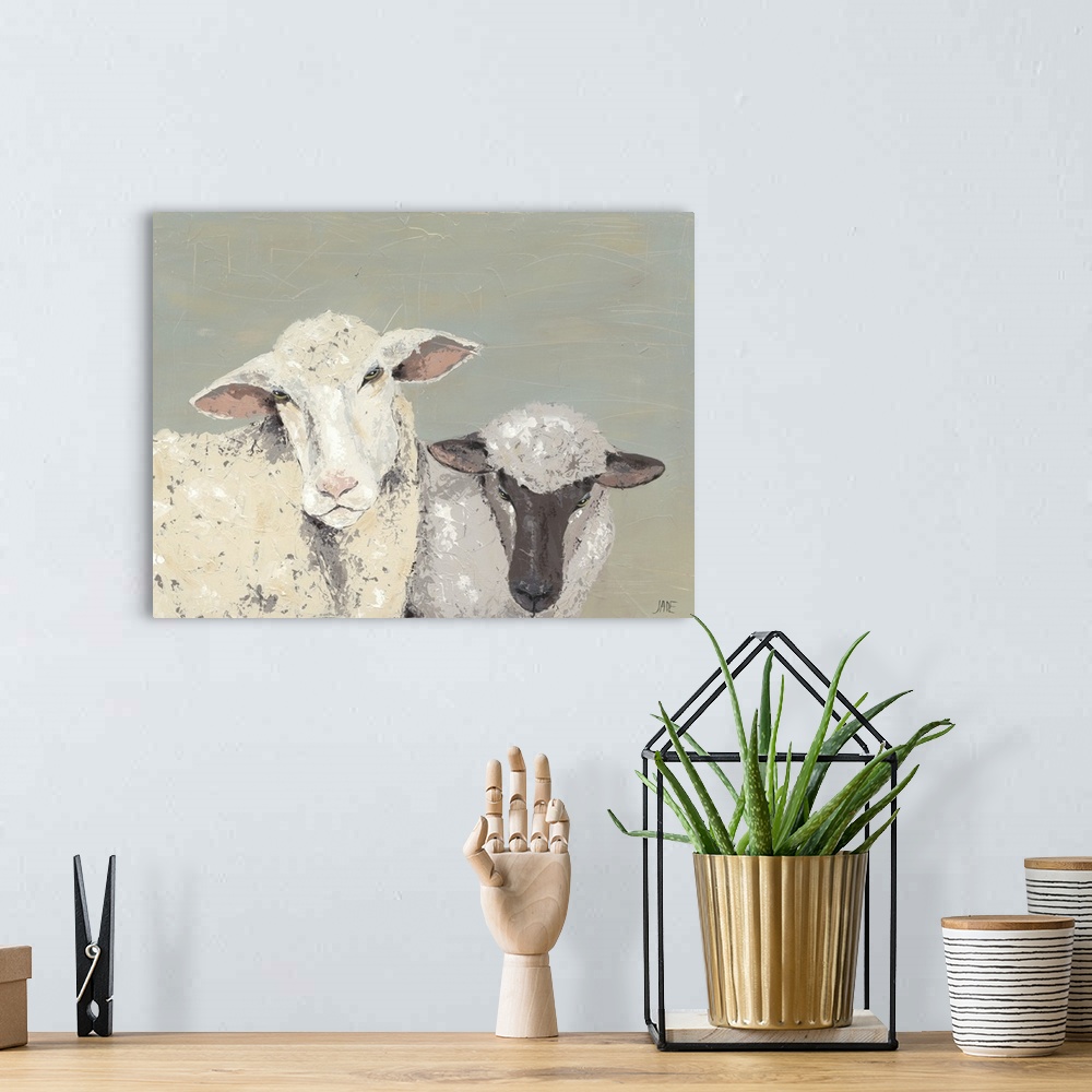 A bohemian room featuring Contemporary painting with two lambs, one ivory and the other in shades of gray, with textured br...
