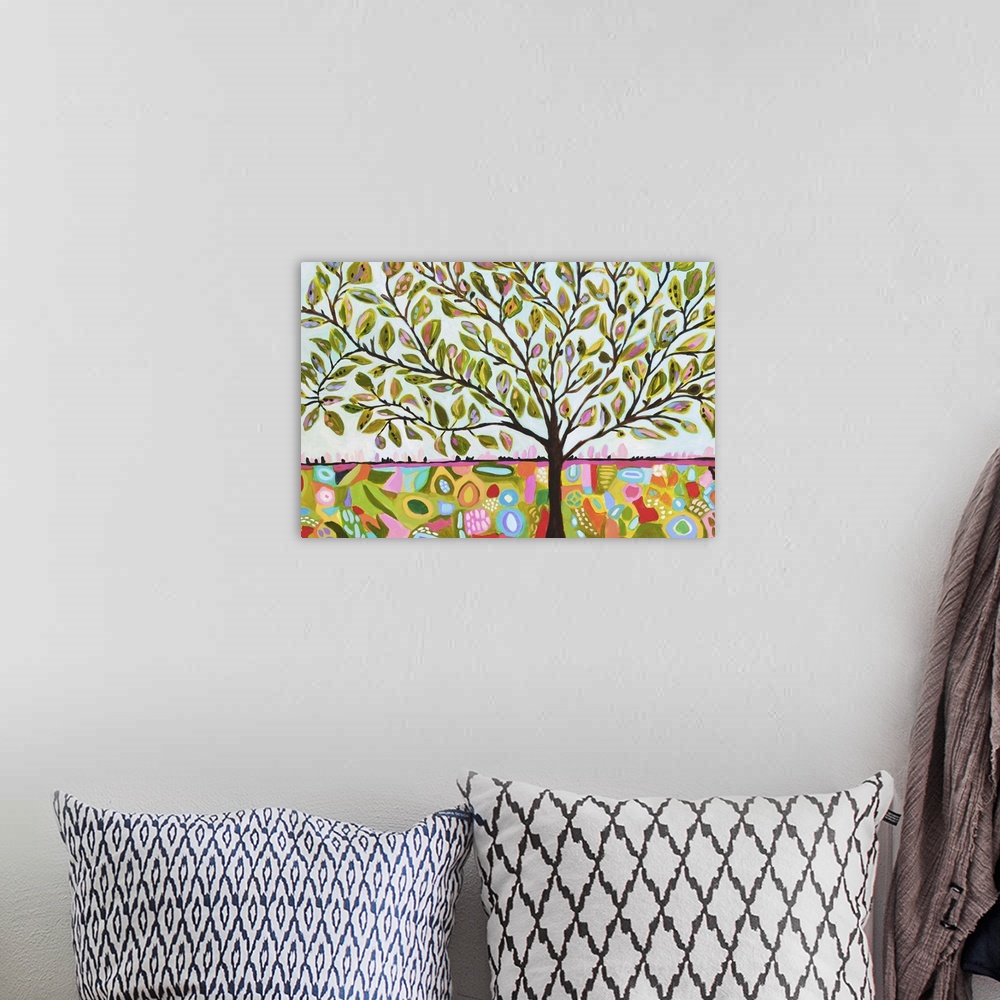 A bohemian room featuring Brightly colored Boho style illustration of a tree filled with leaves.