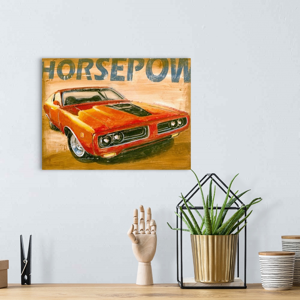 A bohemian room featuring This is a horizontal painting of a muscle car against a neutral backdrop and a portion of the wor...