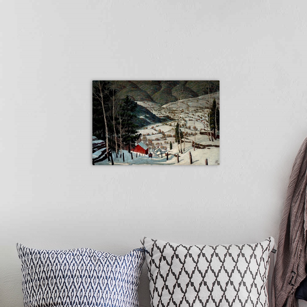 A bohemian room featuring A contemporary painting of a village landscape in Winter.