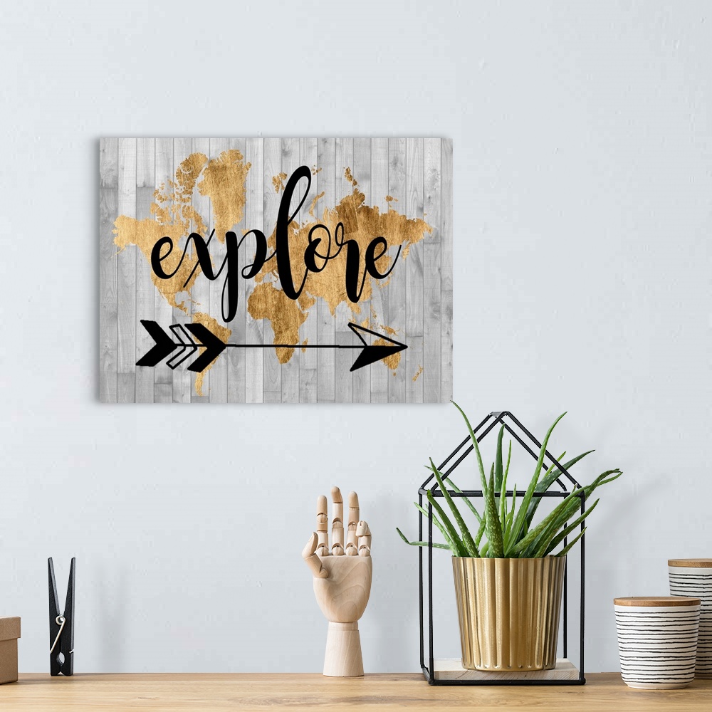 A bohemian room featuring Motivational sentiment art against a rustic world map and wood pattern background.