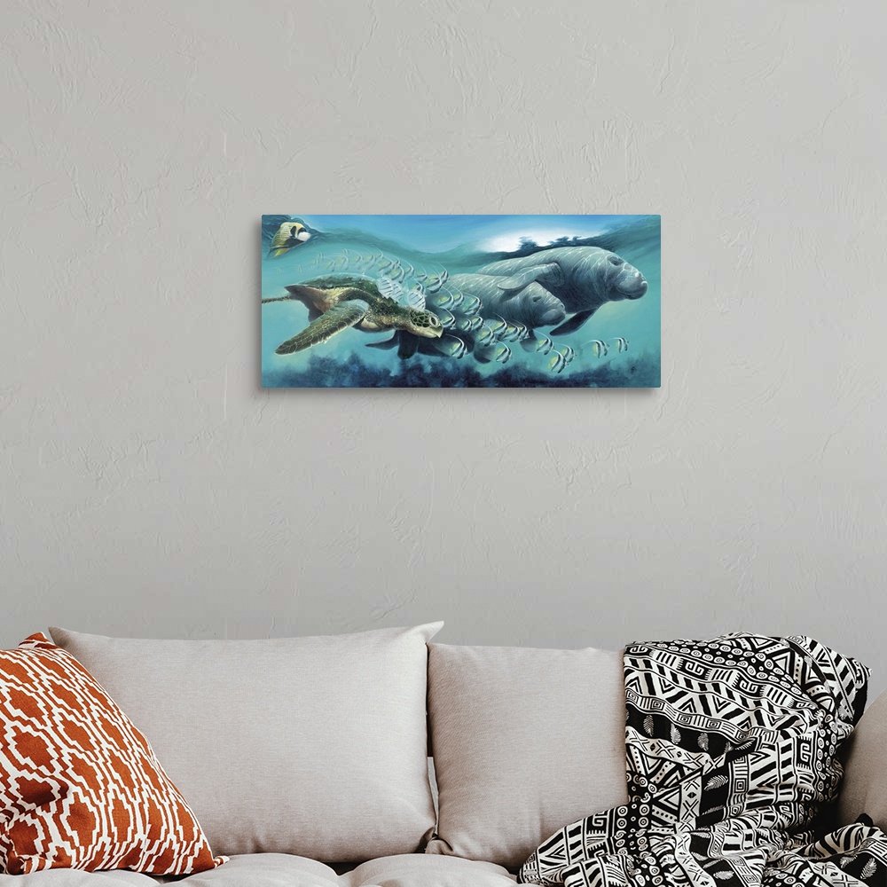 A bohemian room featuring A contemporary painting of a cross section view of marine life.