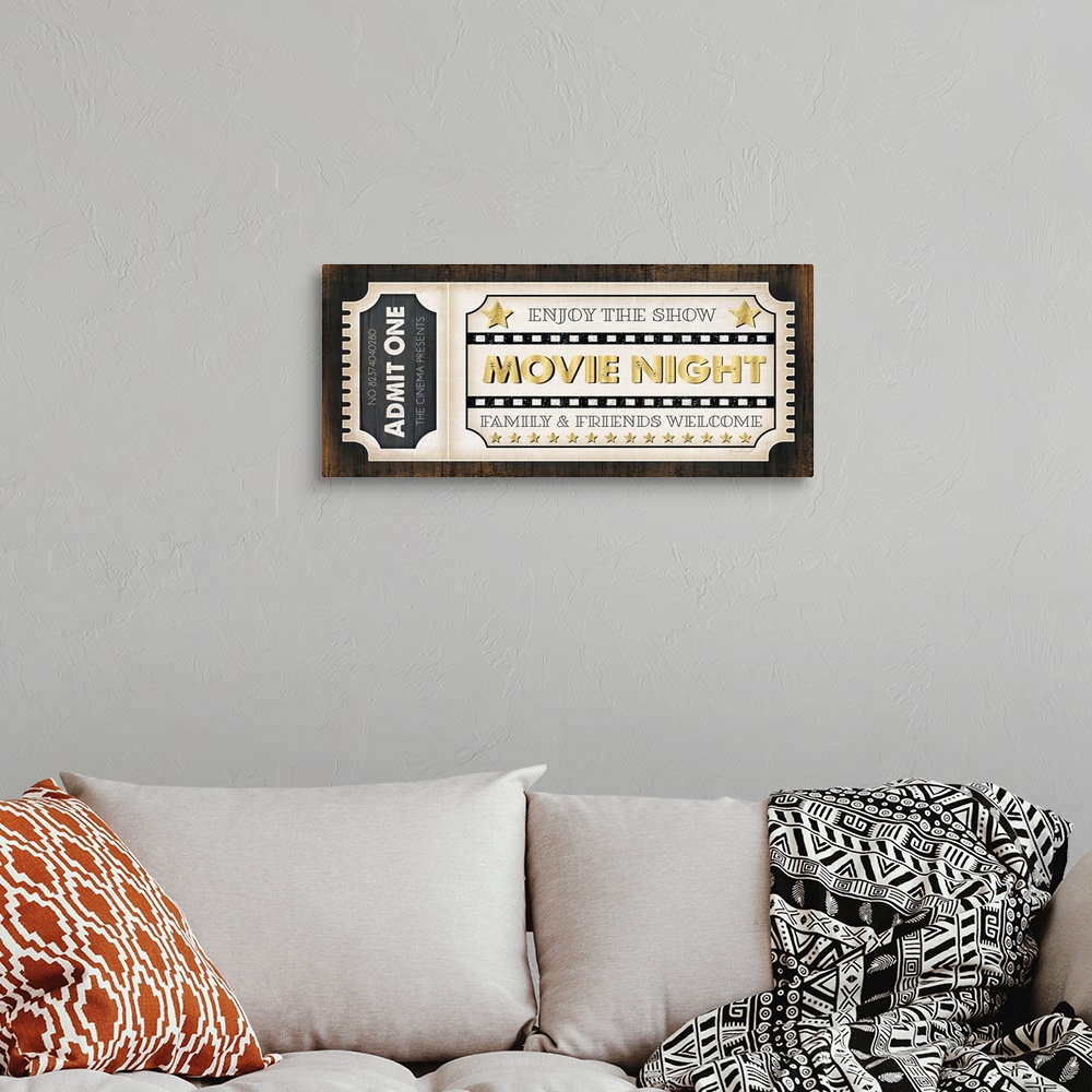 A bohemian room featuring A digital illustration of a movie ticket.