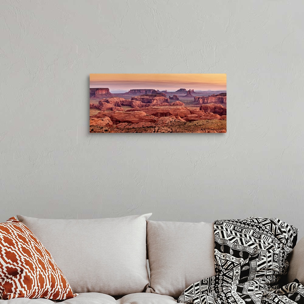 A bohemian room featuring USA, Arizona, Monument Valley Navajo Tribal Park, Panoramic view from Hunt's Mesa at dawn