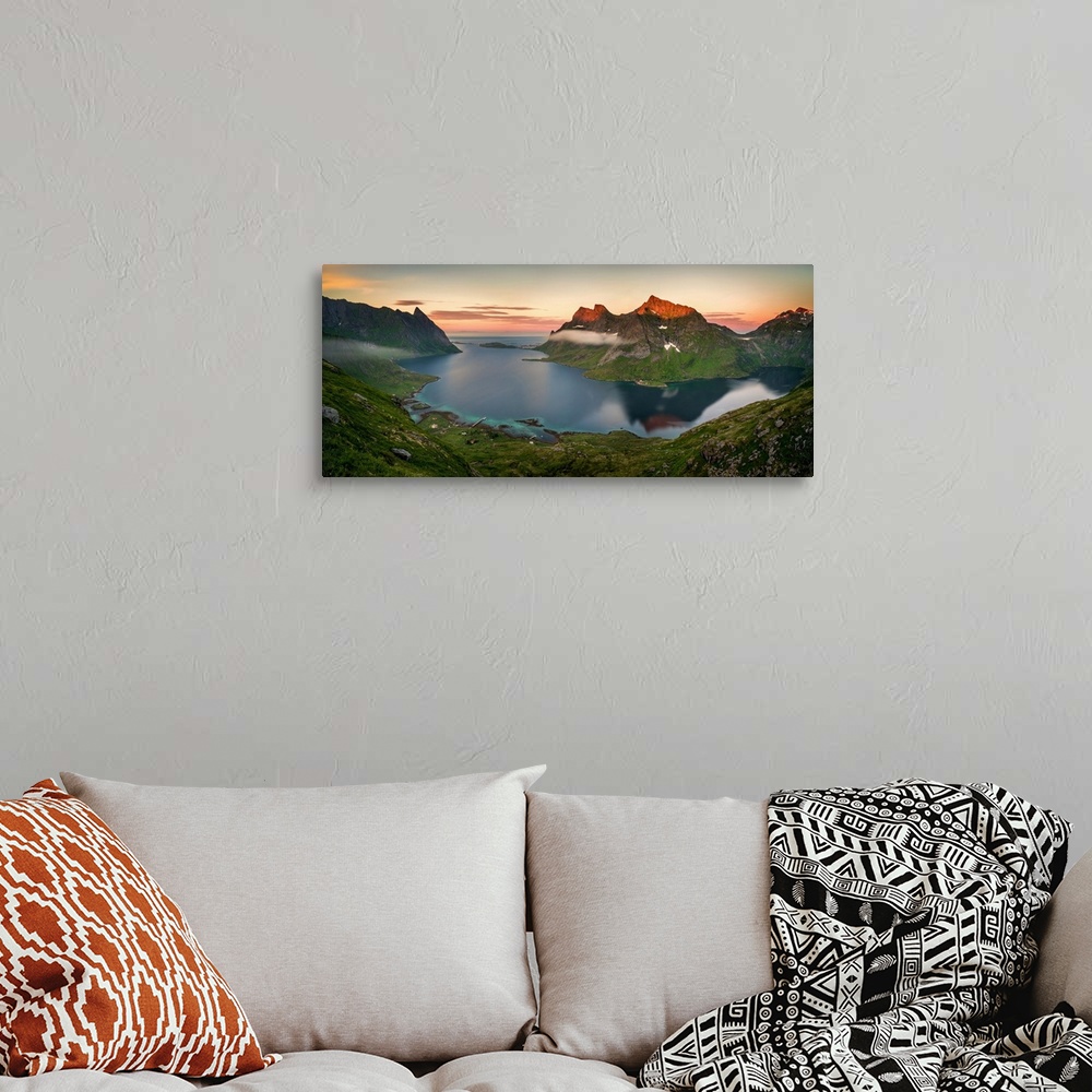 A bohemian room featuring Colorful mountains and fjord with reflections on moskenes, lofoten, nordland county, norway.