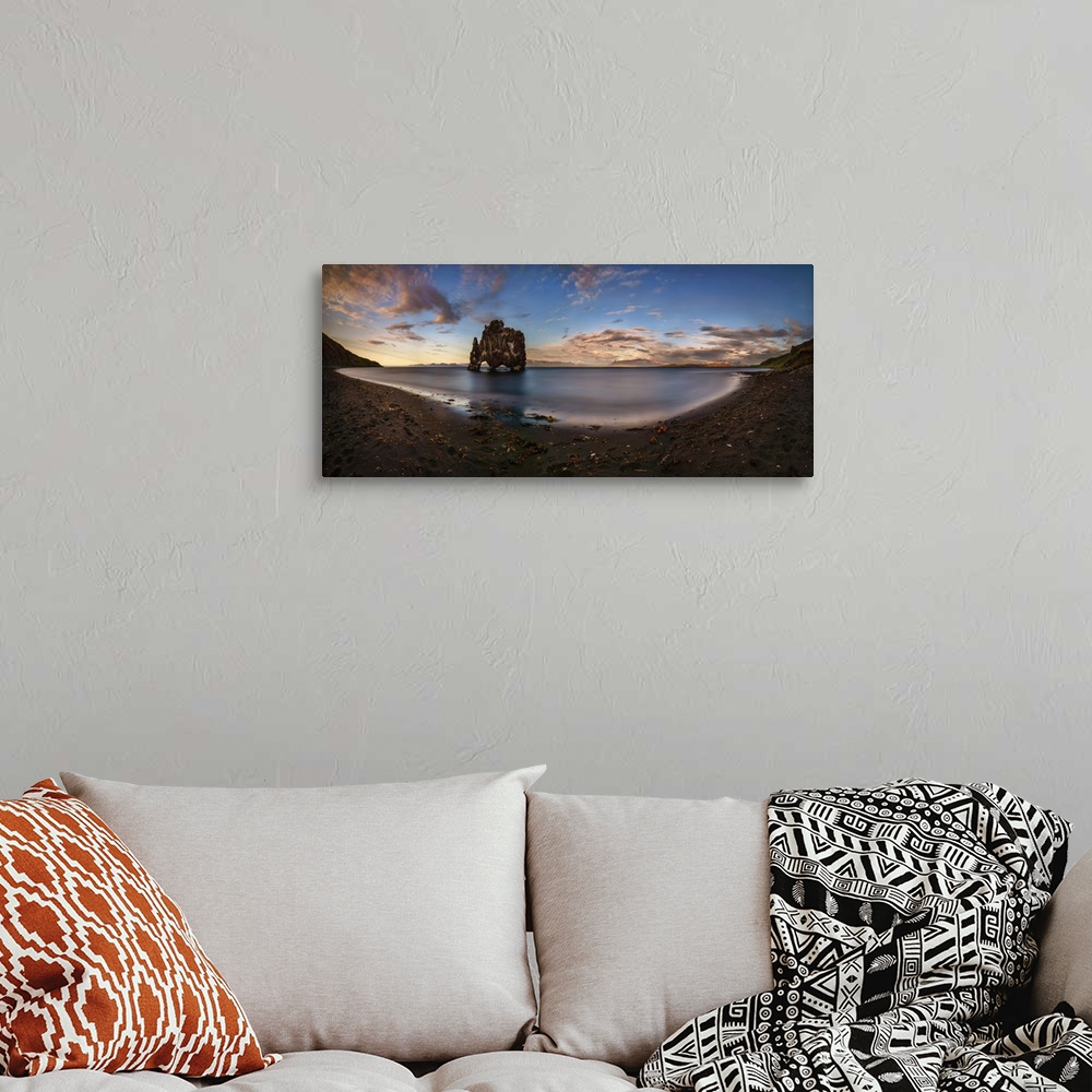 A bohemian room featuring View of black sand beach at sunset, Hvitserkur, Iceland.