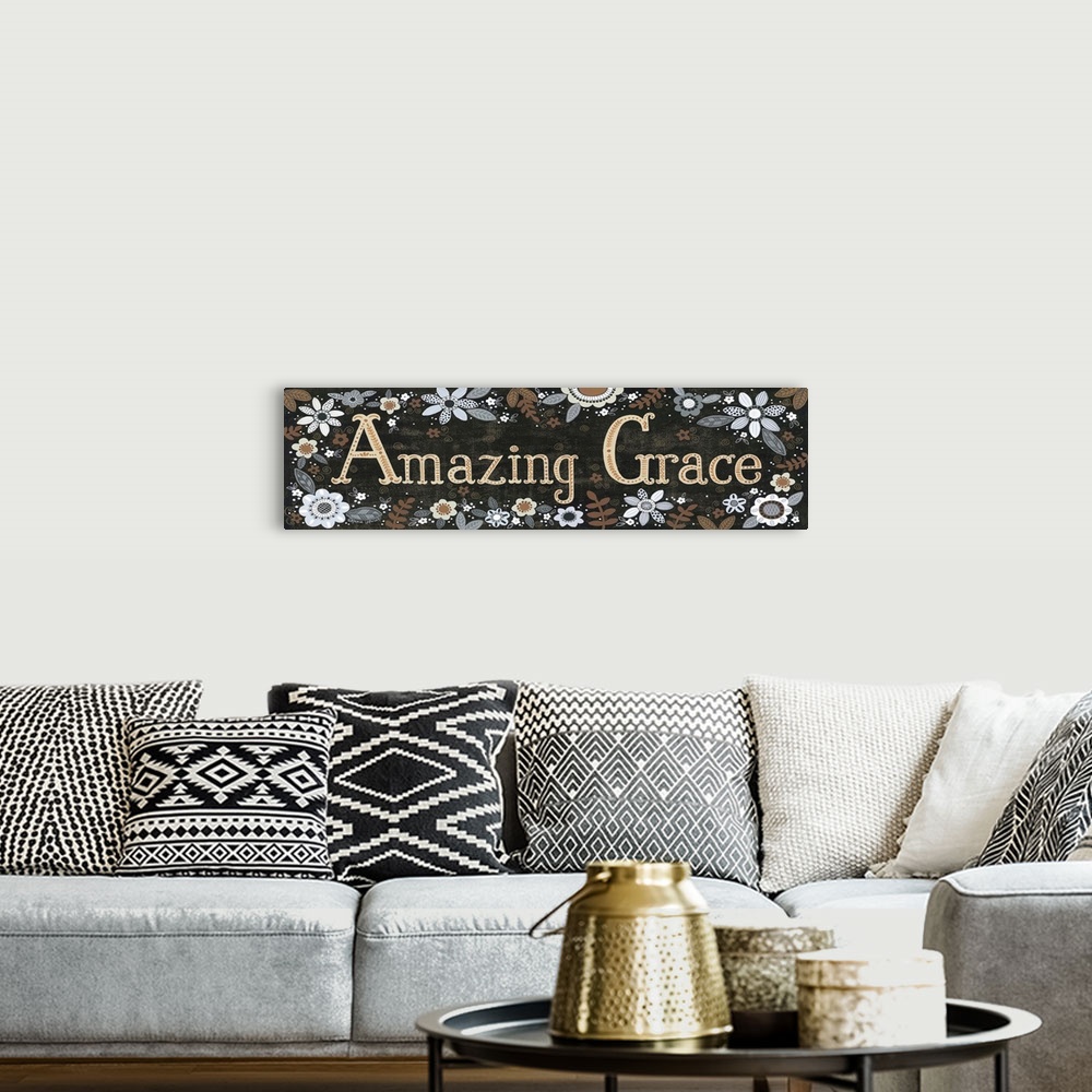 A bohemian room featuring Folk art style sign decorated with a variety of flowers.