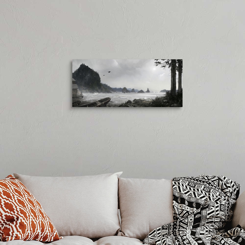 A bohemian room featuring Painting of a coastal scene.