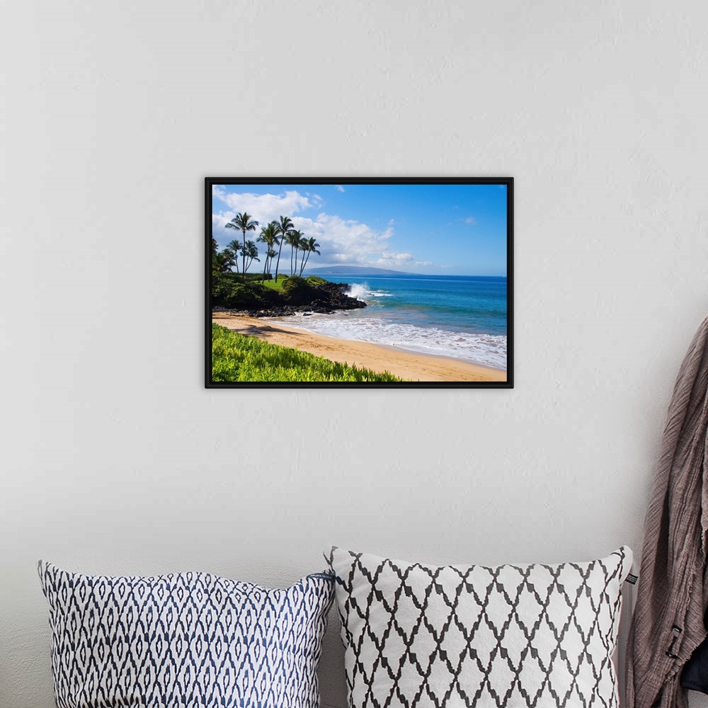 A bohemian room featuring An idyllic photograph of the Hawaiian coast, with gently lapping water under a bright blue sky. T...