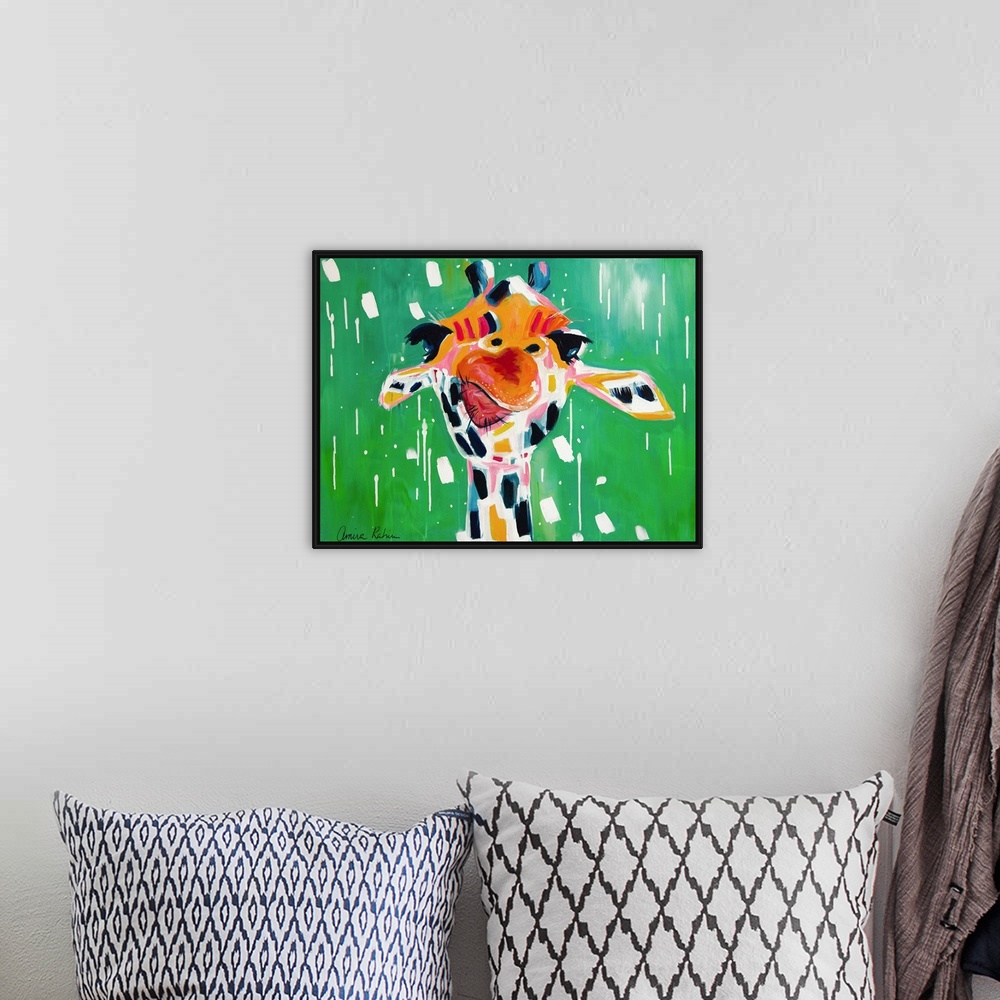 A bohemian room featuring Portrait of a giraffe against a bright green background.