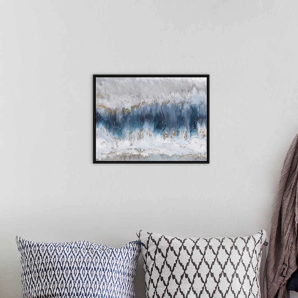 A bohemian room featuring Contemporary abstract painting using blue and gray tones resembling agate.