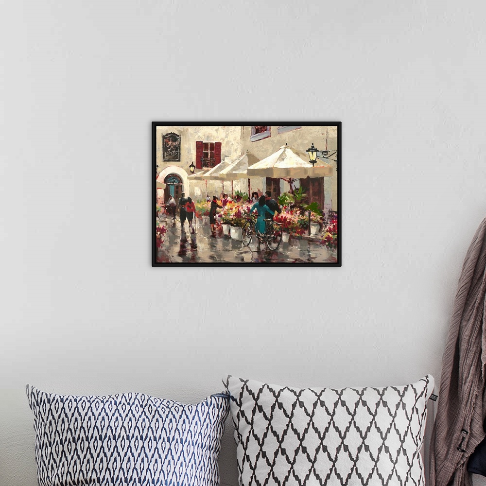 A bohemian room featuring Contemporary painting of people sitting outside at a cafe.