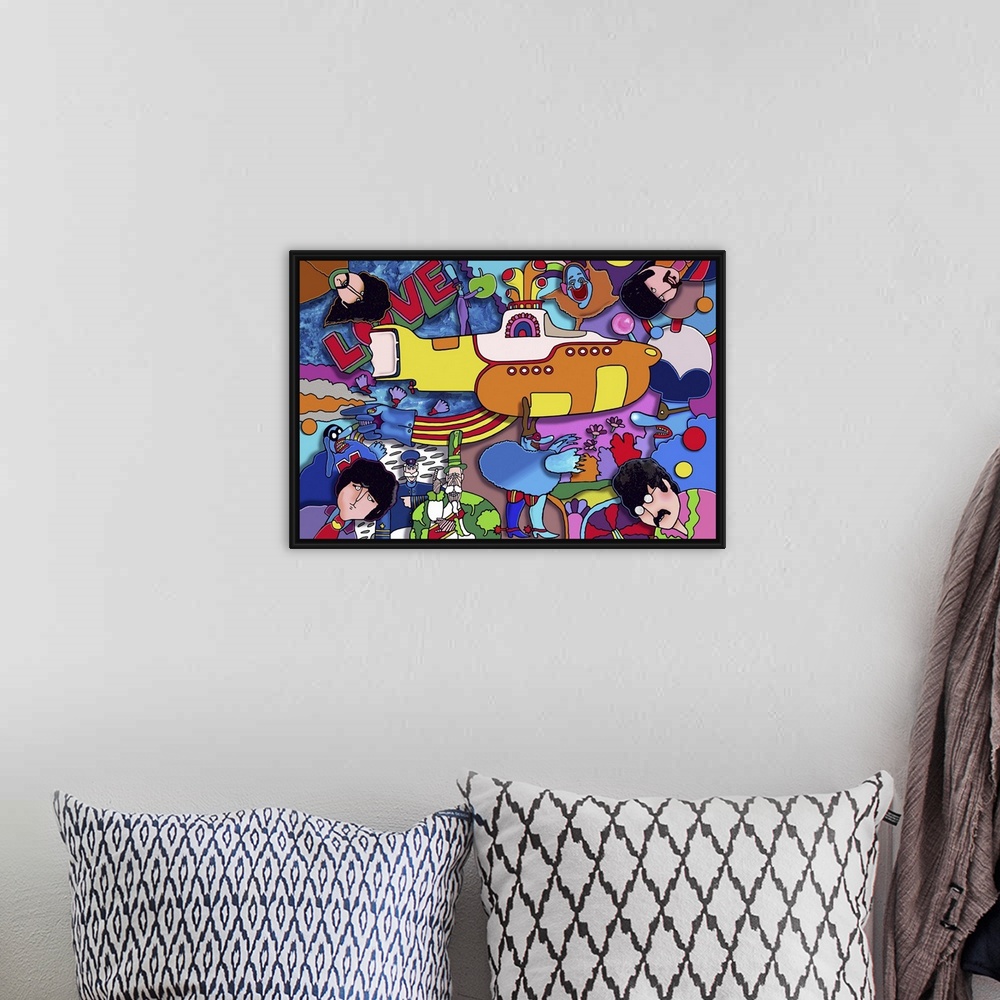 A bohemian room featuring Contemporary artwork of a yellow submarine surrounded by bright colors and musical artists.