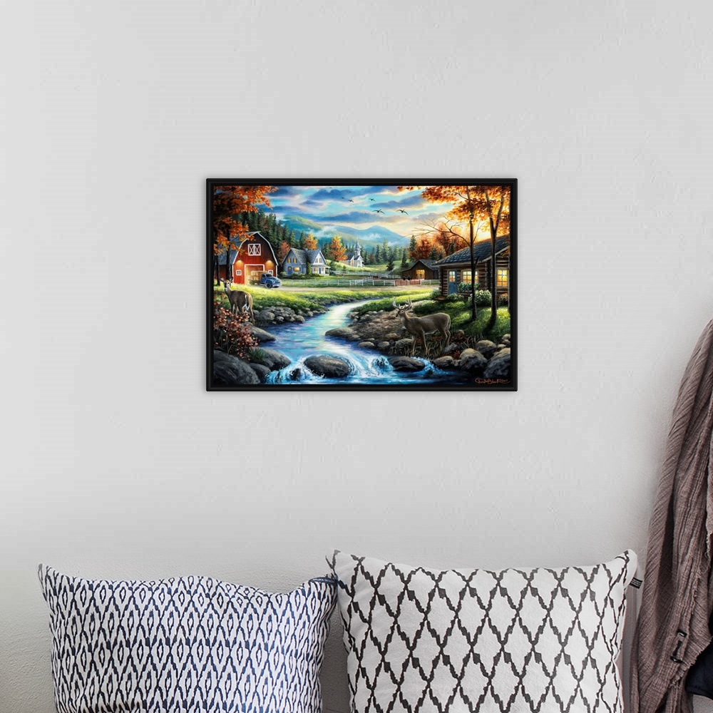 A bohemian room featuring Contemporary painting of a countryside with two deer crossing a creek.