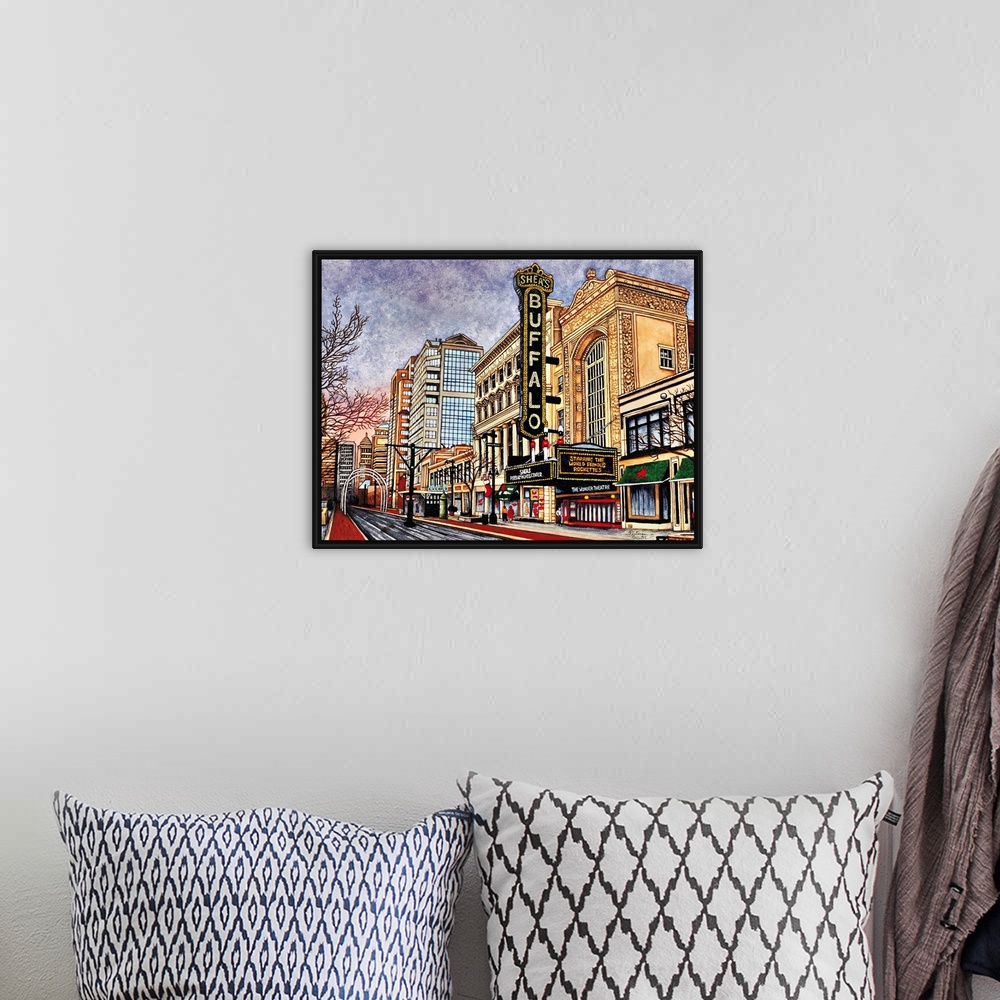 A bohemian room featuring Contemporary painting of a town in Buffalo New York.