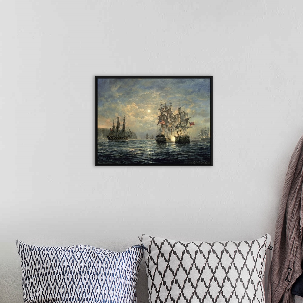 A bohemian room featuring Large wooden ships sail in the rough ocean water under a cloud filled sky with the sun poking thr...